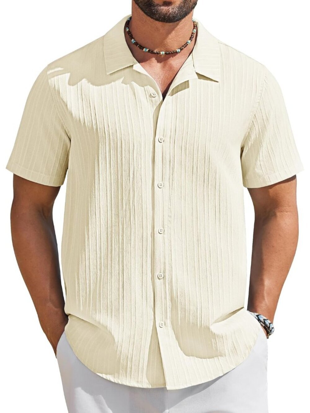 Men's Beige Short Sleeve Casual Button Down Textured Summer Beach Shirt